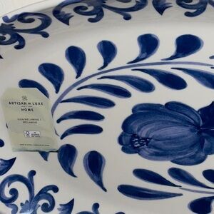 ARTISAN DE LUXE ROSE SCROLL MELAMINE OVAL SERVING PLATTER TRAY BLUE/WHITE NWT
